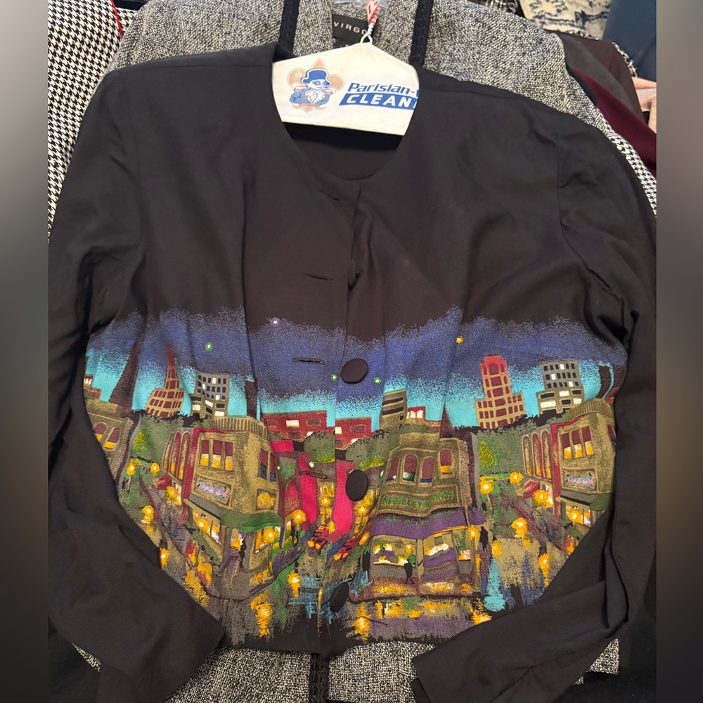 Karin Stevens Black Long Sleeve Top with Colorful Cityscape